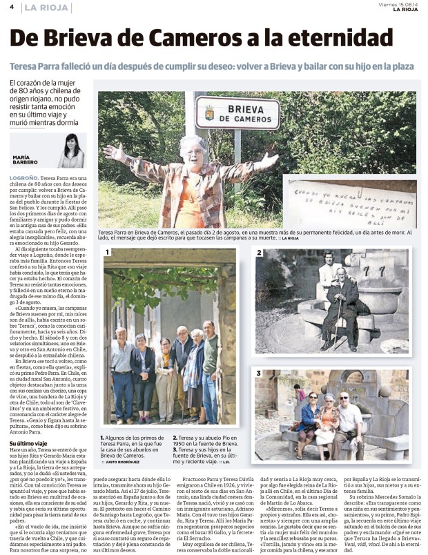 Teresa Parra, una chilena de 80 años y de origen riojano, falleció un día después de volver a Brieva