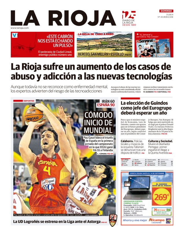 Portada de Diario La Rioja del 31 de Agosto de 2014