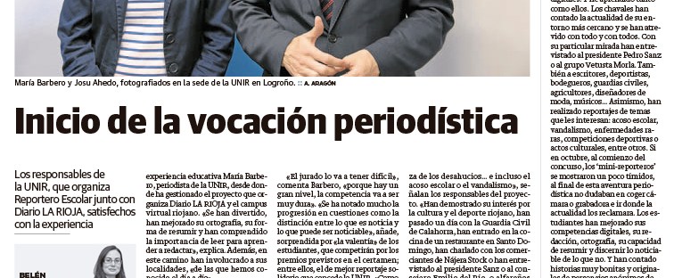 Reportero Escolar en Diario La Rioja. Entrevista a María Barbero y Josu Ahedo 13-04-15